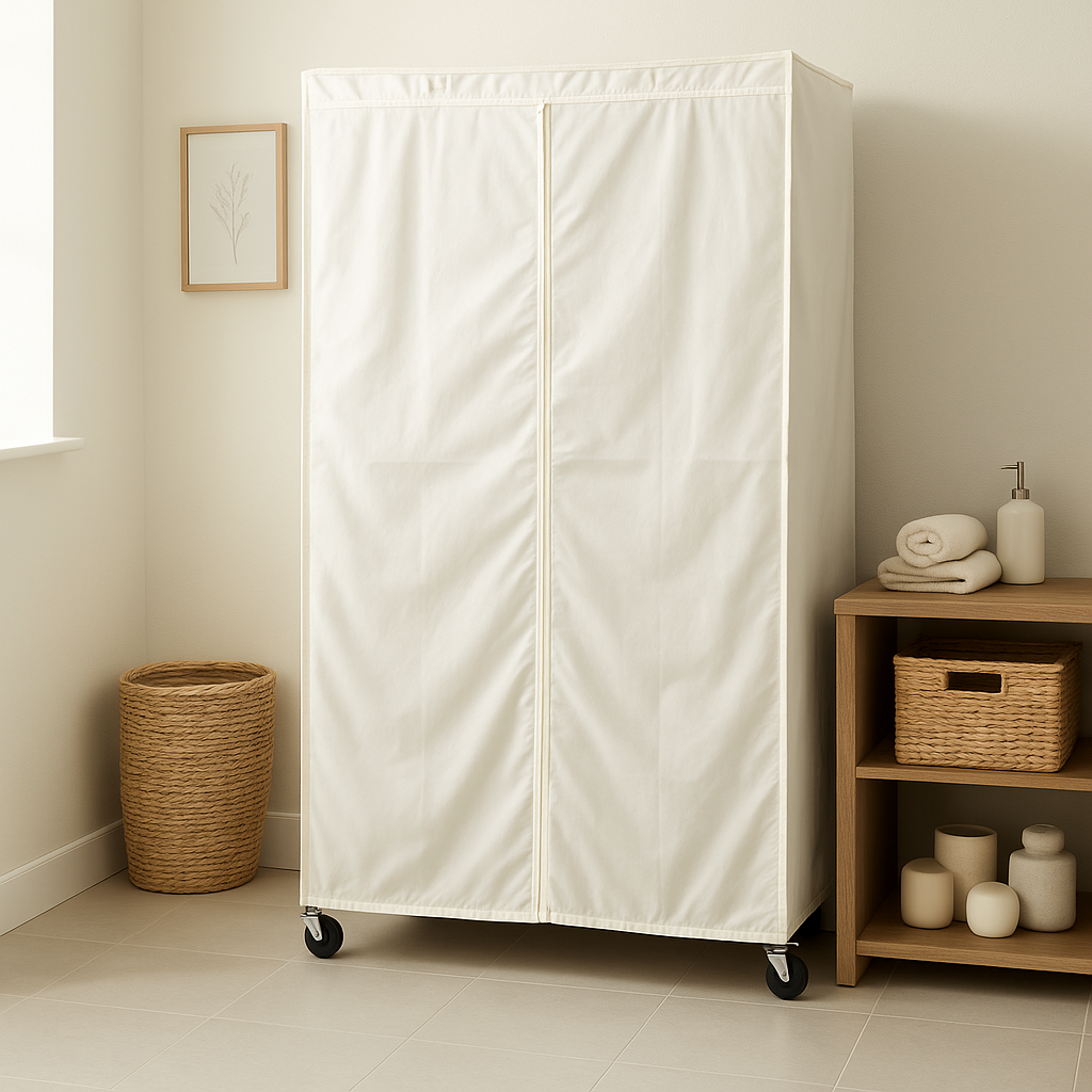 OFF WHITE GARMENT FULL FABRIC WIRE SHELF RACK COVER IN LAUNDRY ROOM WITH HAMPER 