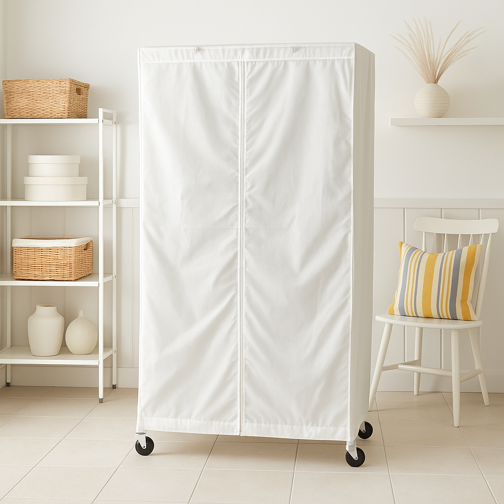OFF WHITE GARMENT FULL FABRIC WIRE SHELF RACK COVER IN A NICE BEACH HOME 