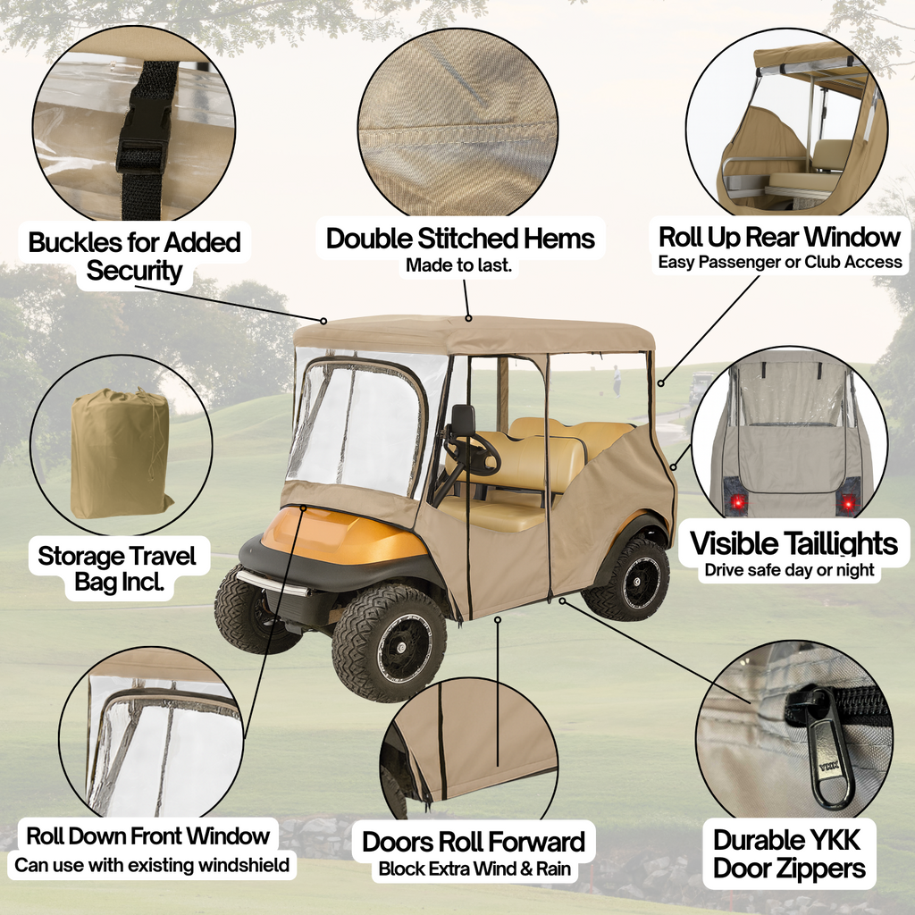 4-Passenger Golf Cart Driving Enclosure for Long Roof up to 80" – Waterproof 600D Polyester All-Weather Cover with Clear Panels and YKK Zippers (Fits EZGO, Club Car, Yamaha)
