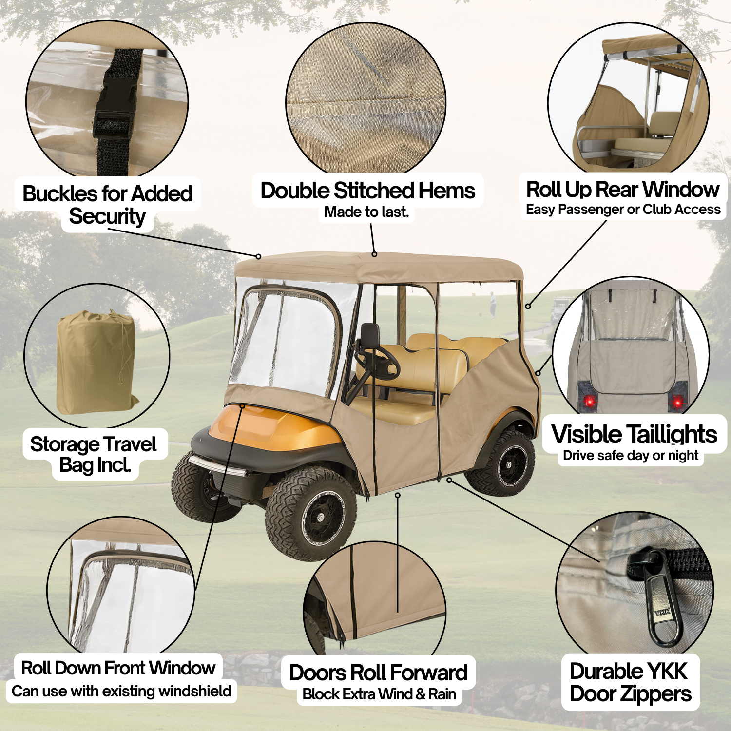 4-Passenger Golf Cart Driving Enclosure for Long Roof up to 80" – Waterproof 600D Polyester All-Weather Cover with Clear Panels and YKK Zippers (Fits EZGO, Club Car, Yamaha)