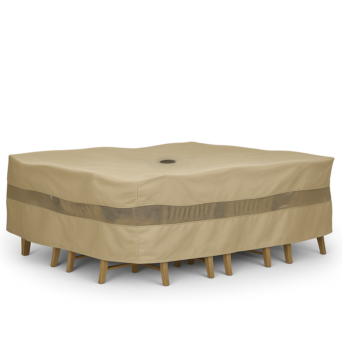 Funda para juego de patio extragrande de 160" de largo x 90" de ancho. Se adapta a juegos de mesa rectangulares u ovalados. Orificio central para sombrilla.