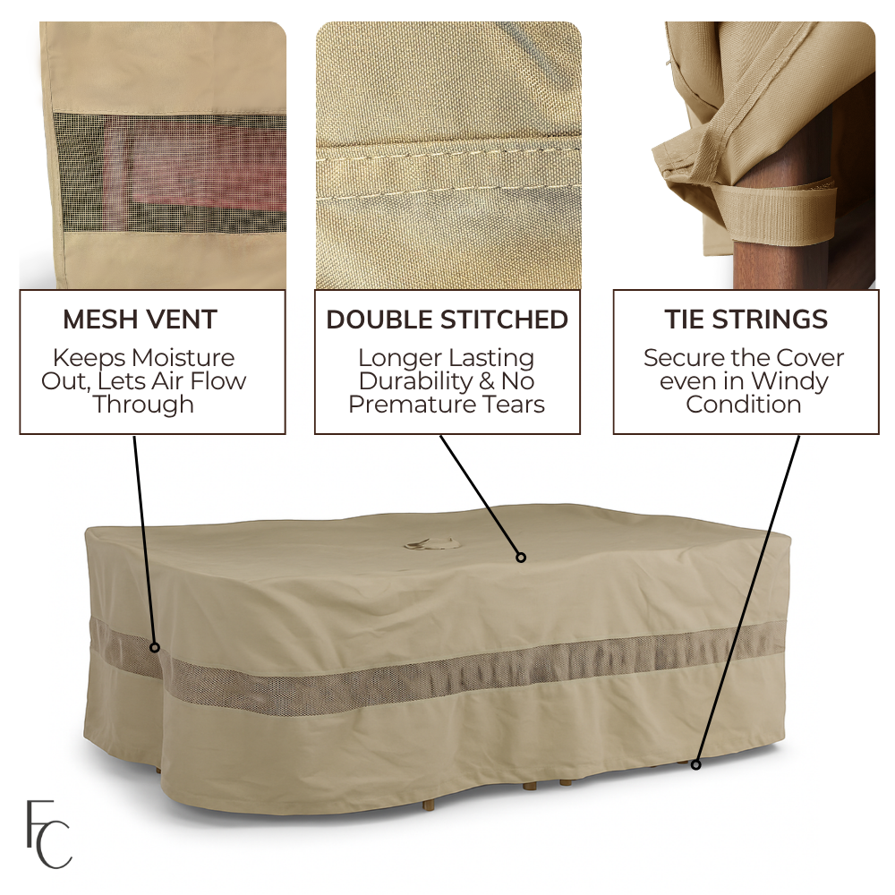 Oval Patio Set Covers 120"L x 86"W fits rectangle table with swivel chair or chair in the end, Center hole for umbrella