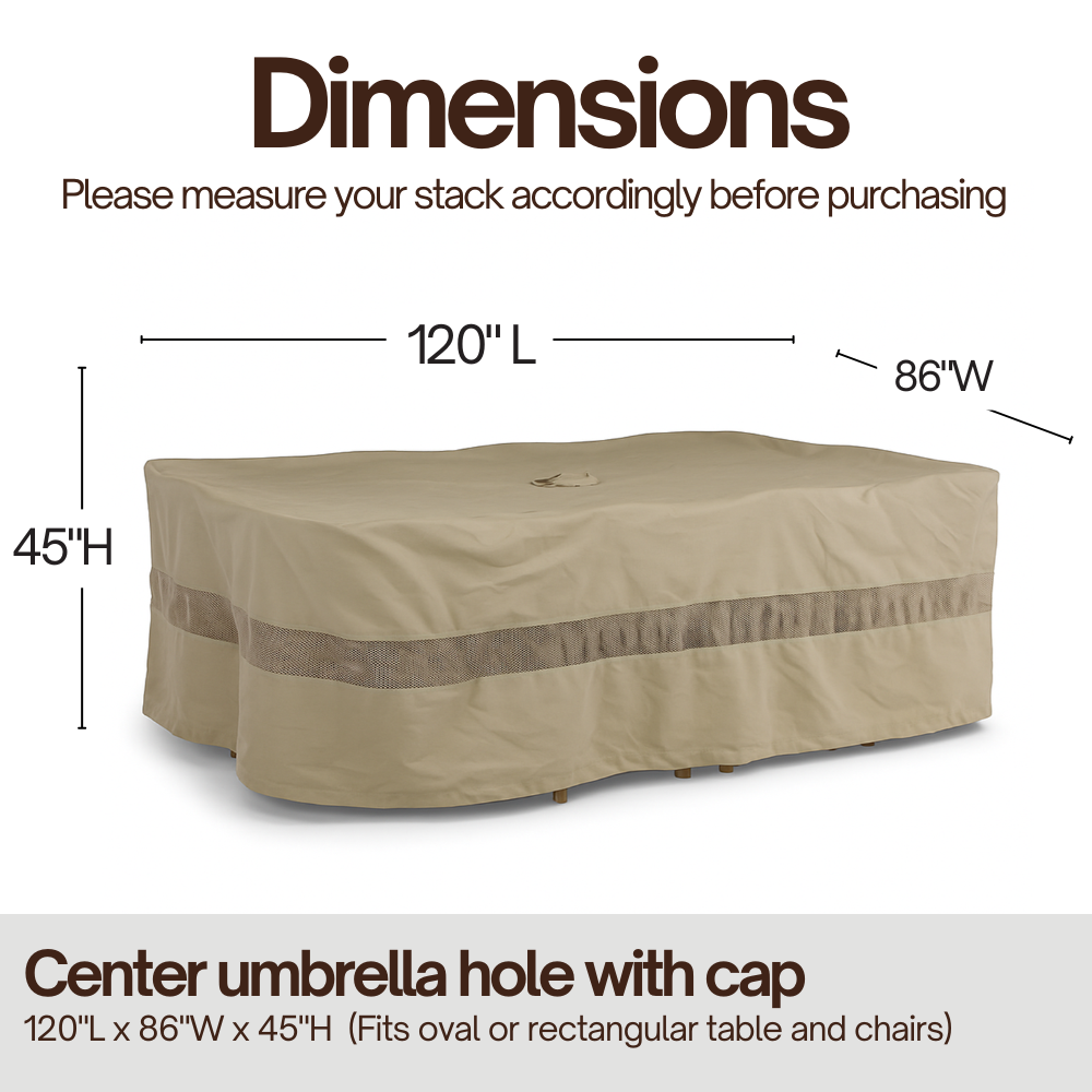 Oval Patio Set Covers 120"L x 86"W fits rectangle table with swivel chair or chair in the end, Center hole for umbrella