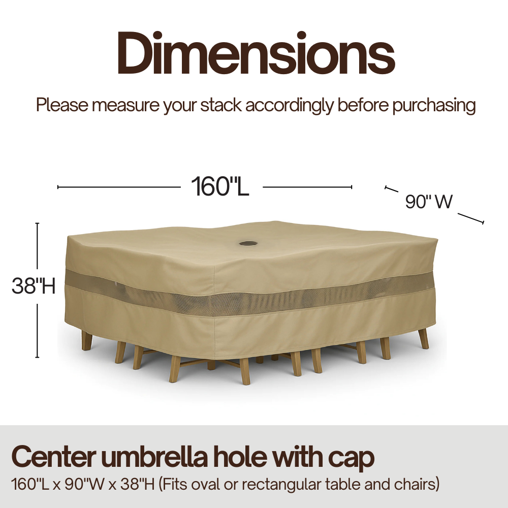 Funda para juego de patio extragrande de 160" de largo x 90" de ancho. Se adapta a juegos de mesa rectangulares u ovalados. Orificio central para sombrilla.