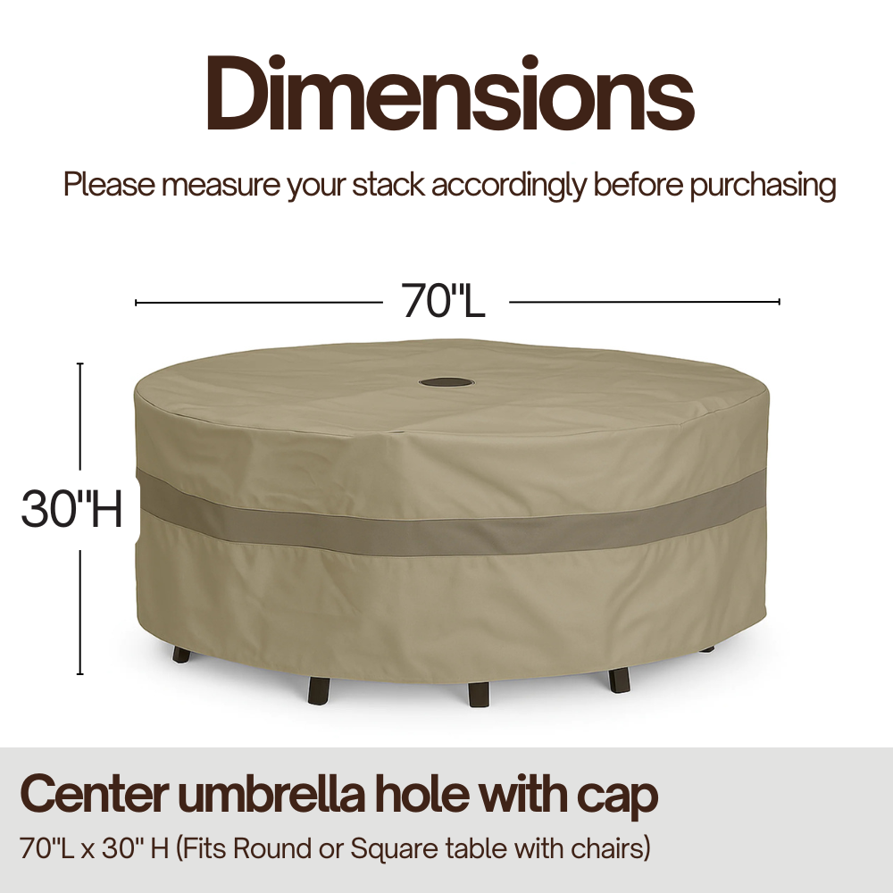 Funda para juego de patio de 70" de diámetro x 30" de alto, compatible con juegos de mesa redondos o cuadrados, orificio central para sombrilla