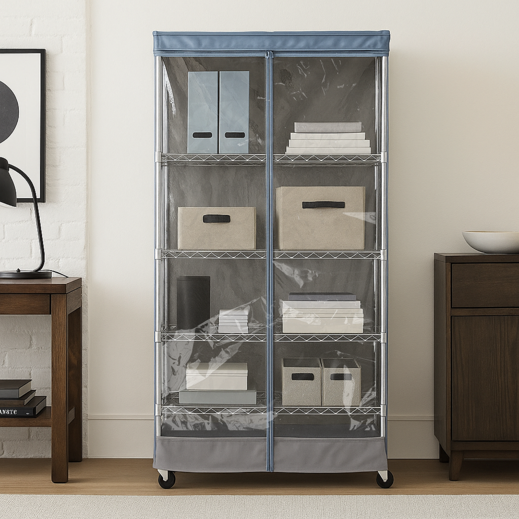 COVER for Storage Shelving Unit | One side PVC panel in Grey and Dusty Blue Trim | Fits 36-60 inches wide.
