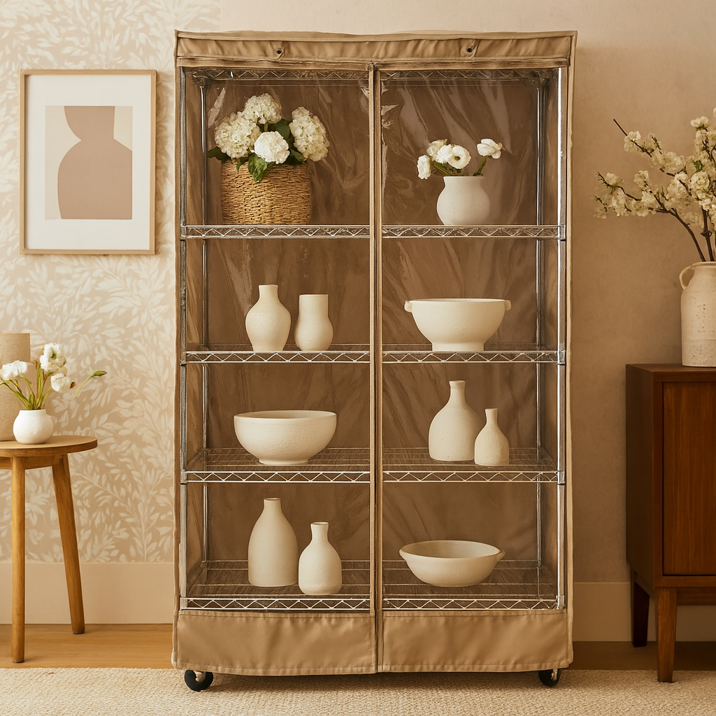 Beige WIRE RACK SHELF COVER WITH PVC FRONT PANEL FOR HOEM ORGANIZATION, CERAMICS