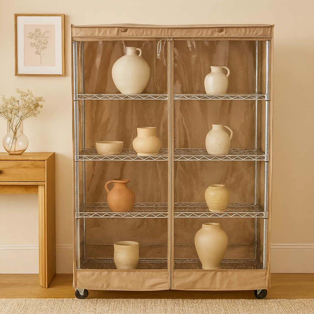 Beige WIRE RACK SHELF COVER WITH PVC FRONT PANEL FOR HOME ORGANIZATION, CERAMICS