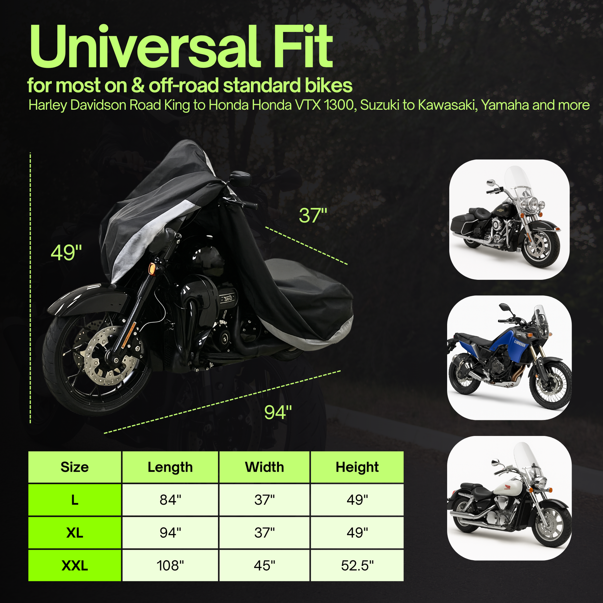 Deluxe All-Season Motorcycle Cover (L-XL) – Waterproof UV-Resistant Scooter & Sport Bike Cover with Hidden Pouch for Back Rack Trunk
