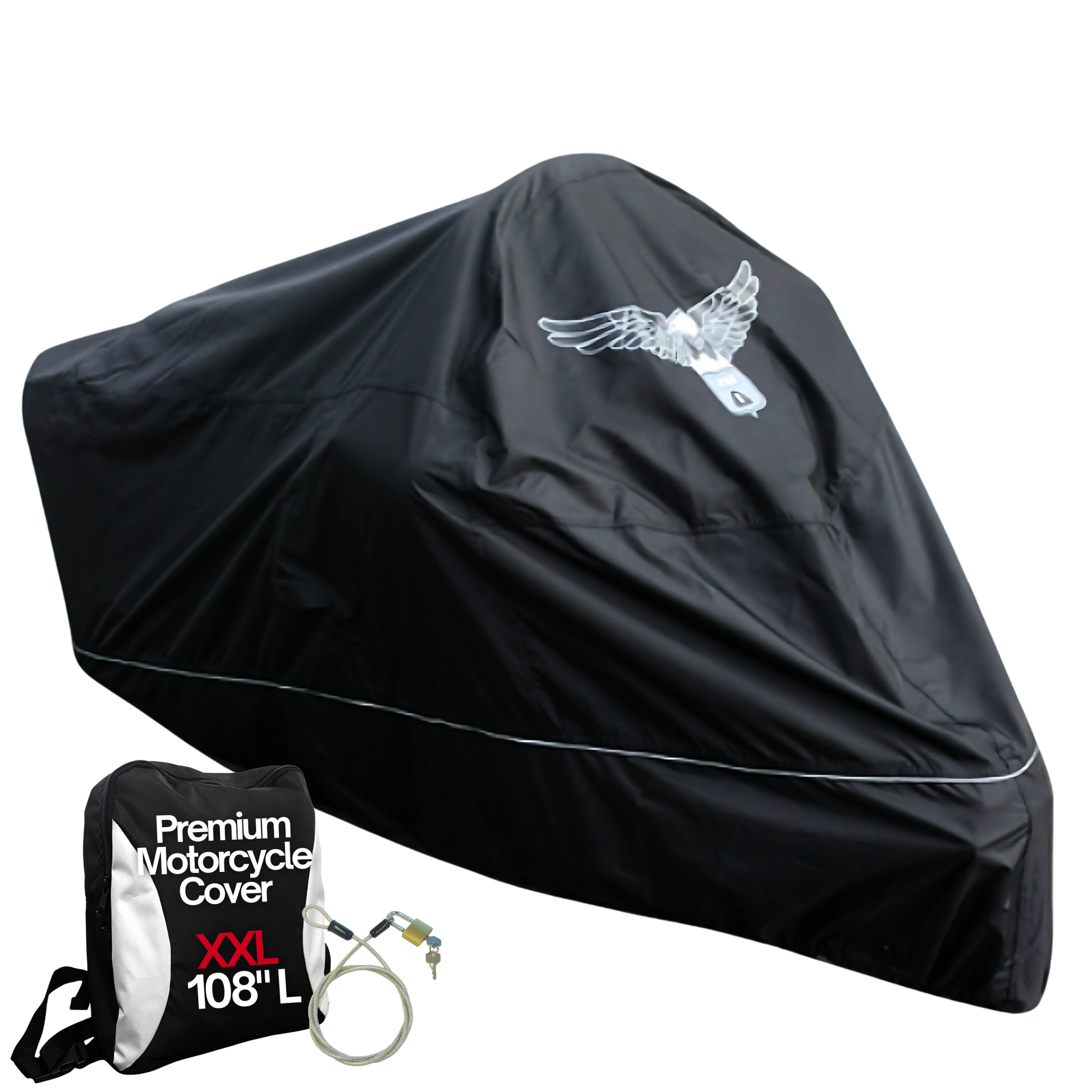Premium Heavy-Duty Motorcycle Cover with Eagle Emblem (XXL) – Waterproof, UV-Treated 300D Polyester Cover with Night Reflector & Cable Lock Set – Fits Touring Bikes up to 108"