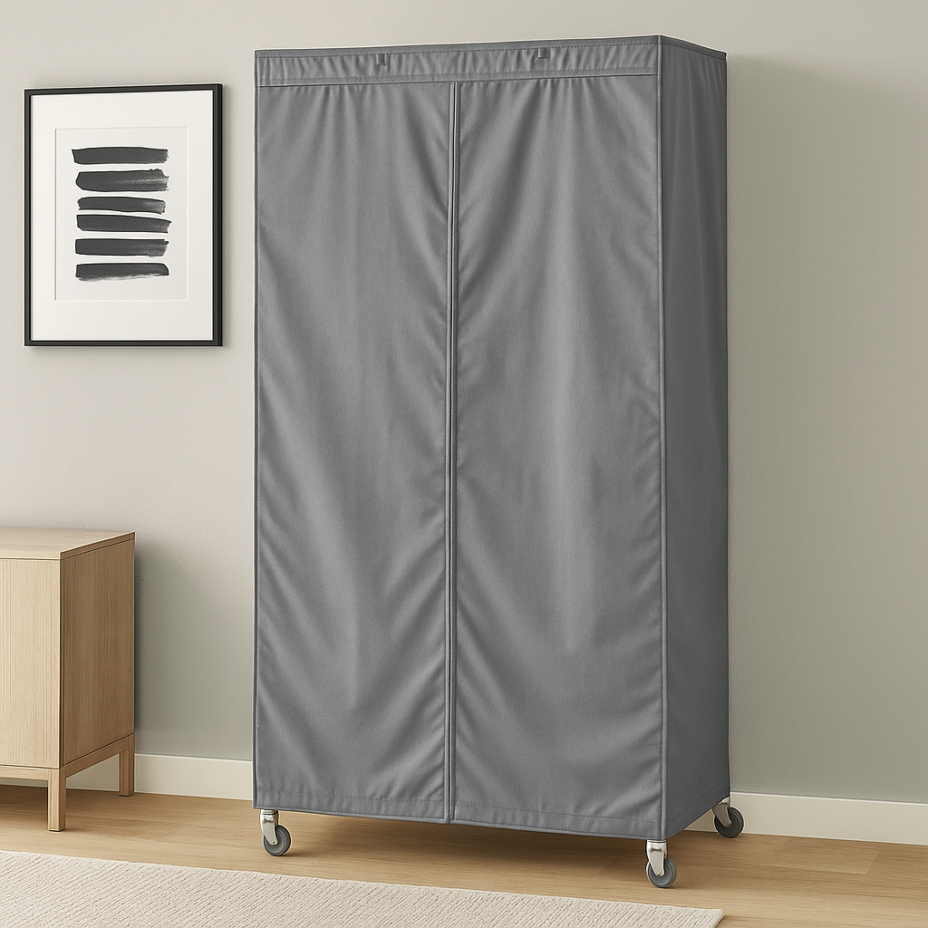 Gray storage cabinet on wheels in a room with a light gray wall and wooden floor.

