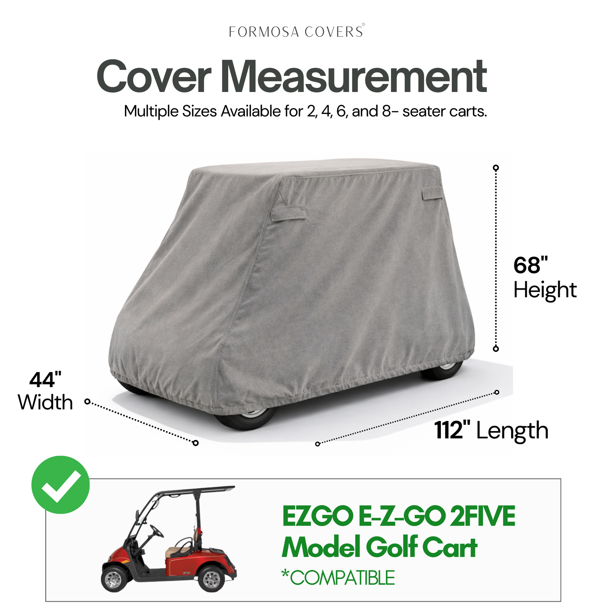 2 Passenger Golf Cart Storage Cover for E-Z-GO 2FIVE in Grey