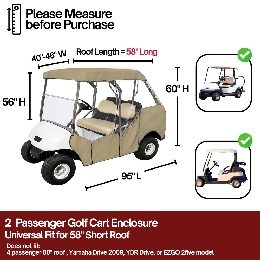 Golf Cart 3 Sided Enclosure Cover for EZGO, ClubCar, Yamaha G (Short Roof, 58"L ) - 2 Passenger