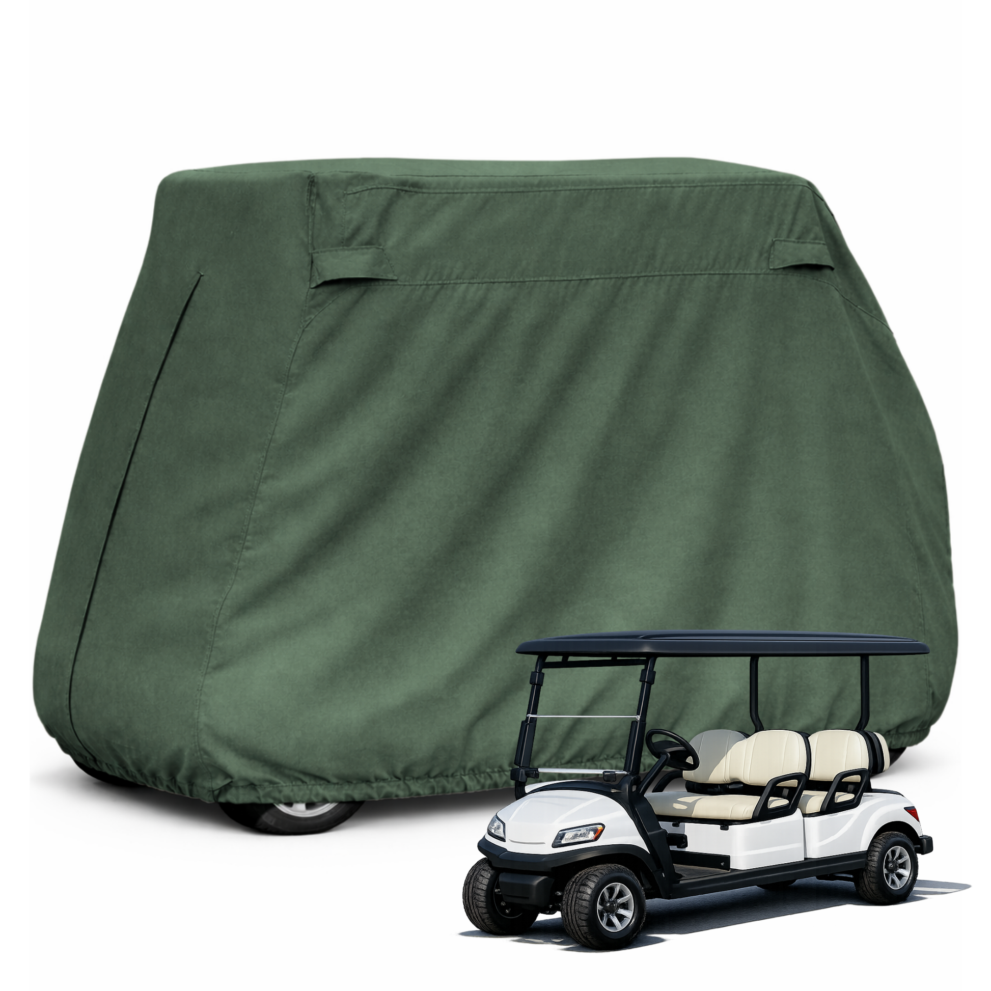 Golf Cart Storage Cover for EZGO, Club Car & Yamaha – Green Heavy-Duty Waterproof UV-Treated Polyester for 2 and 4-Passenger Carts (Fits Roofs 58"–80")