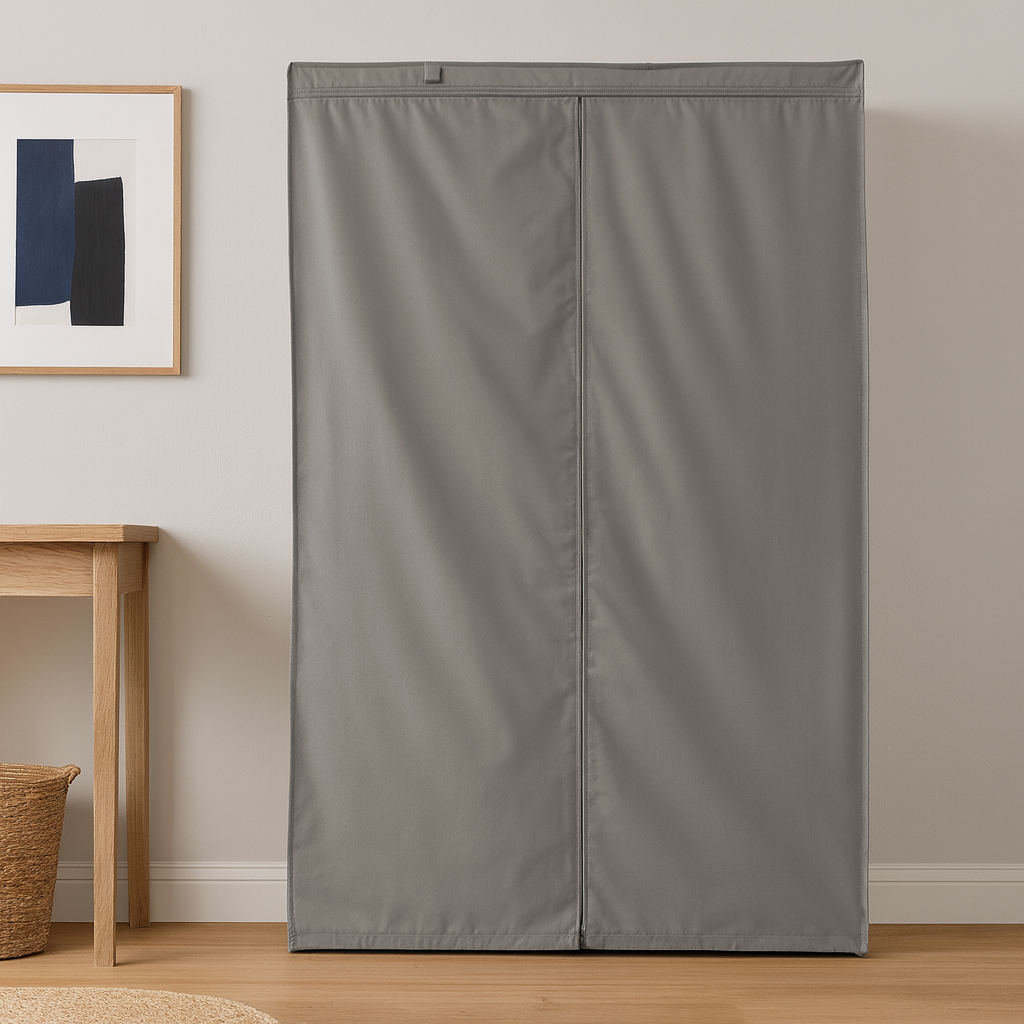 Gray fabric storage unit against a neutral wall with a wooden side table and abstract art.

