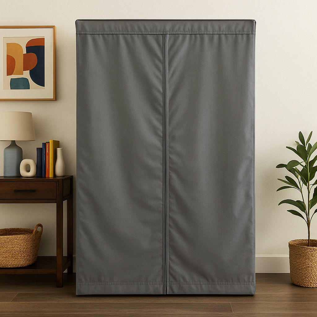 grey cover for garmet wire rack shelf cover in livign room full enclosure, no wheels