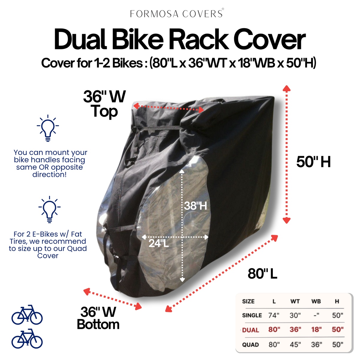 Dual Bike Rack Cover Fits 1-2 Bicycles with Large Translucent Ends (2-Bike)