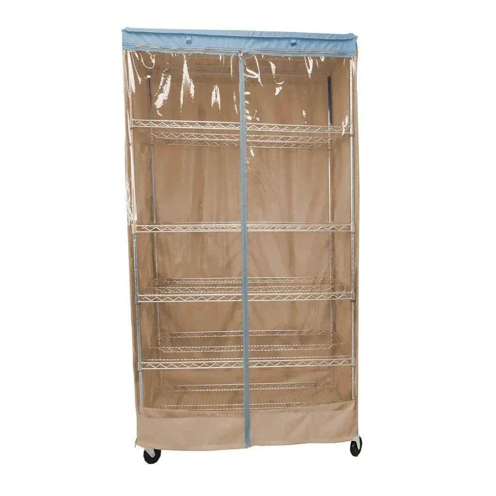 Storage Shelving Unit Cover, fits racks 36"W x 14"D x 54"H one side see through panel in Khaki and Blue Trim