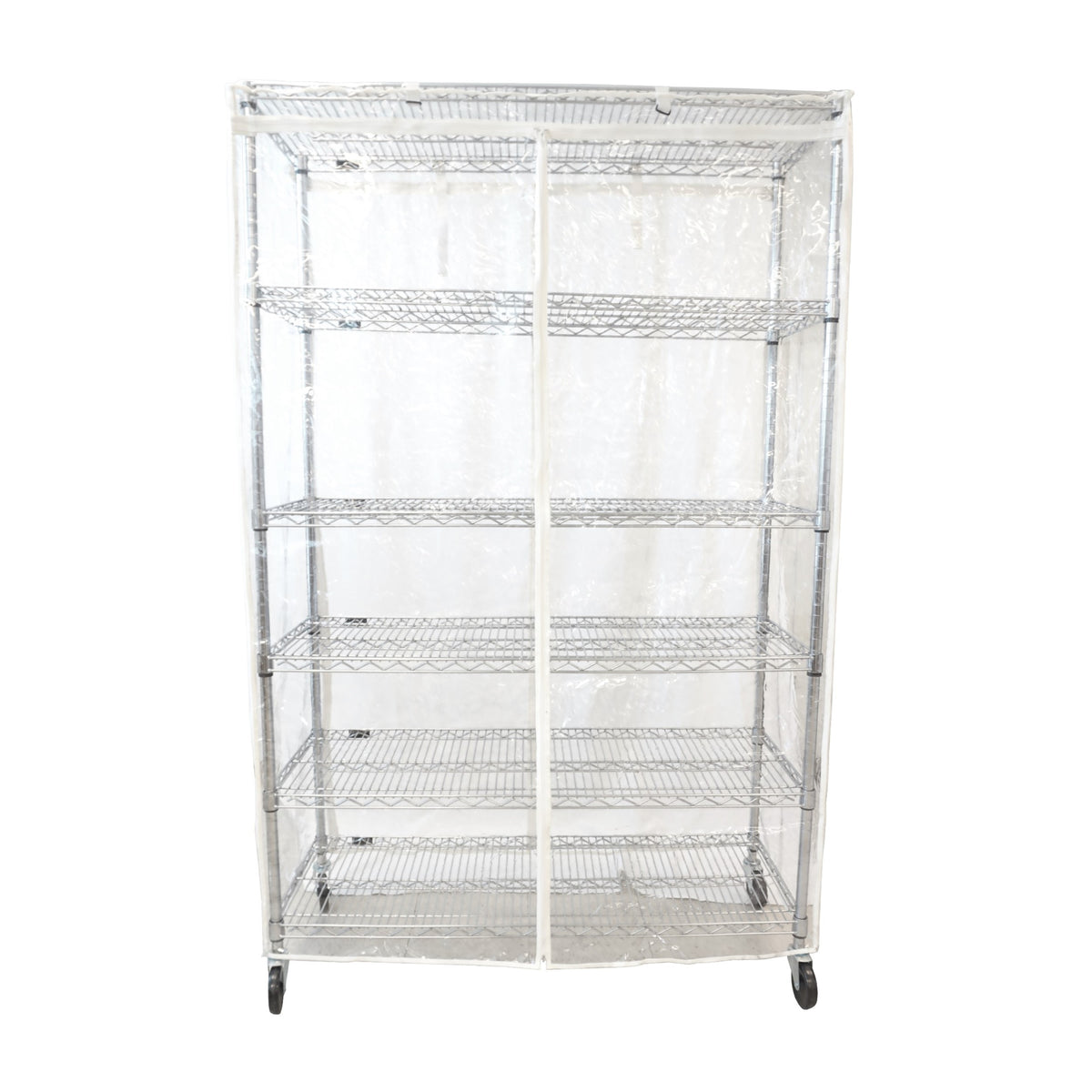 A clear PVC cover designed to fit over a wire rack shelving unit, featuring four corner zippers and a front panel with Velcro tags.

