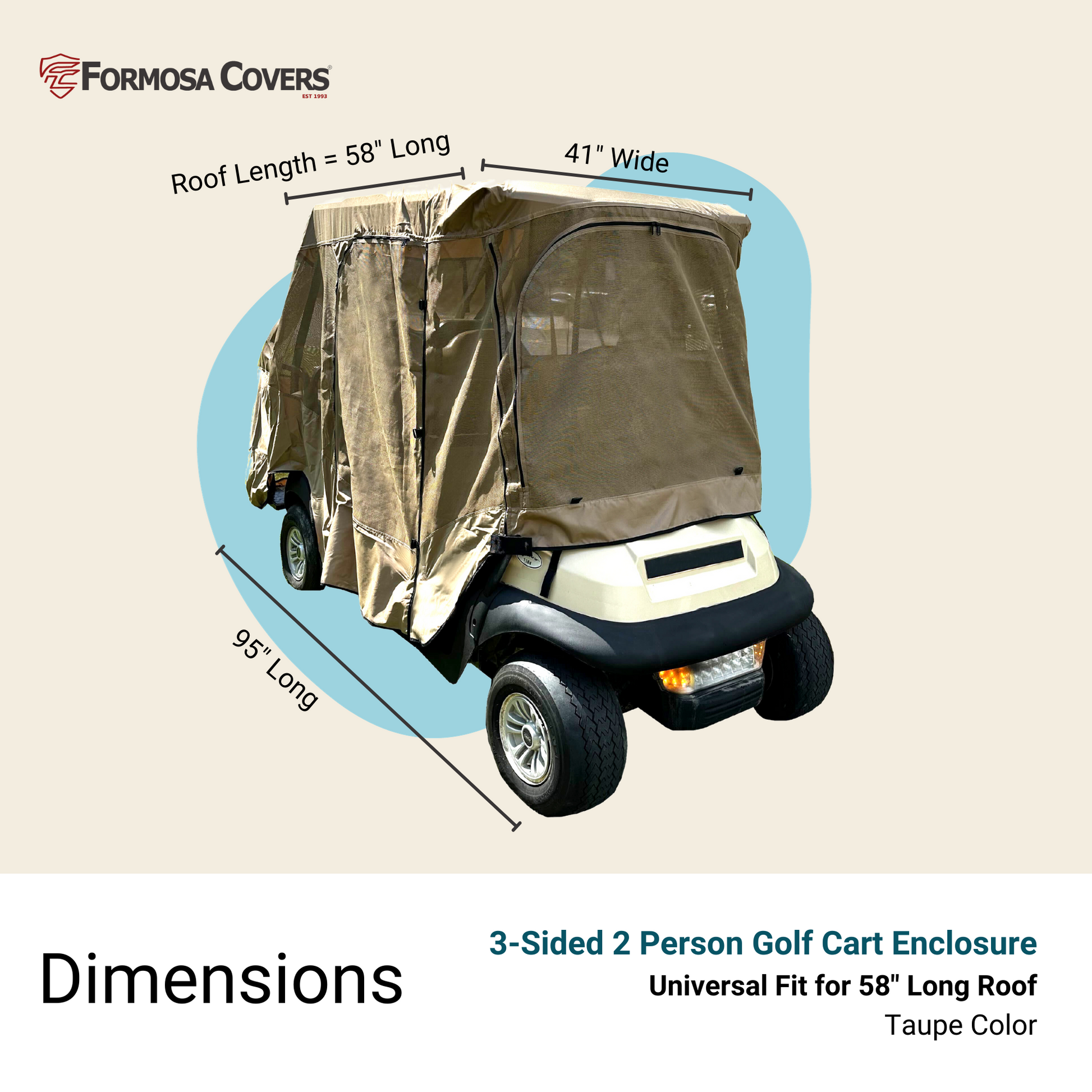 4 Passenger Golf Cart Driving Enclosure Cover (2 Passenger Short Roof 58") Textiline Mesh Taupe