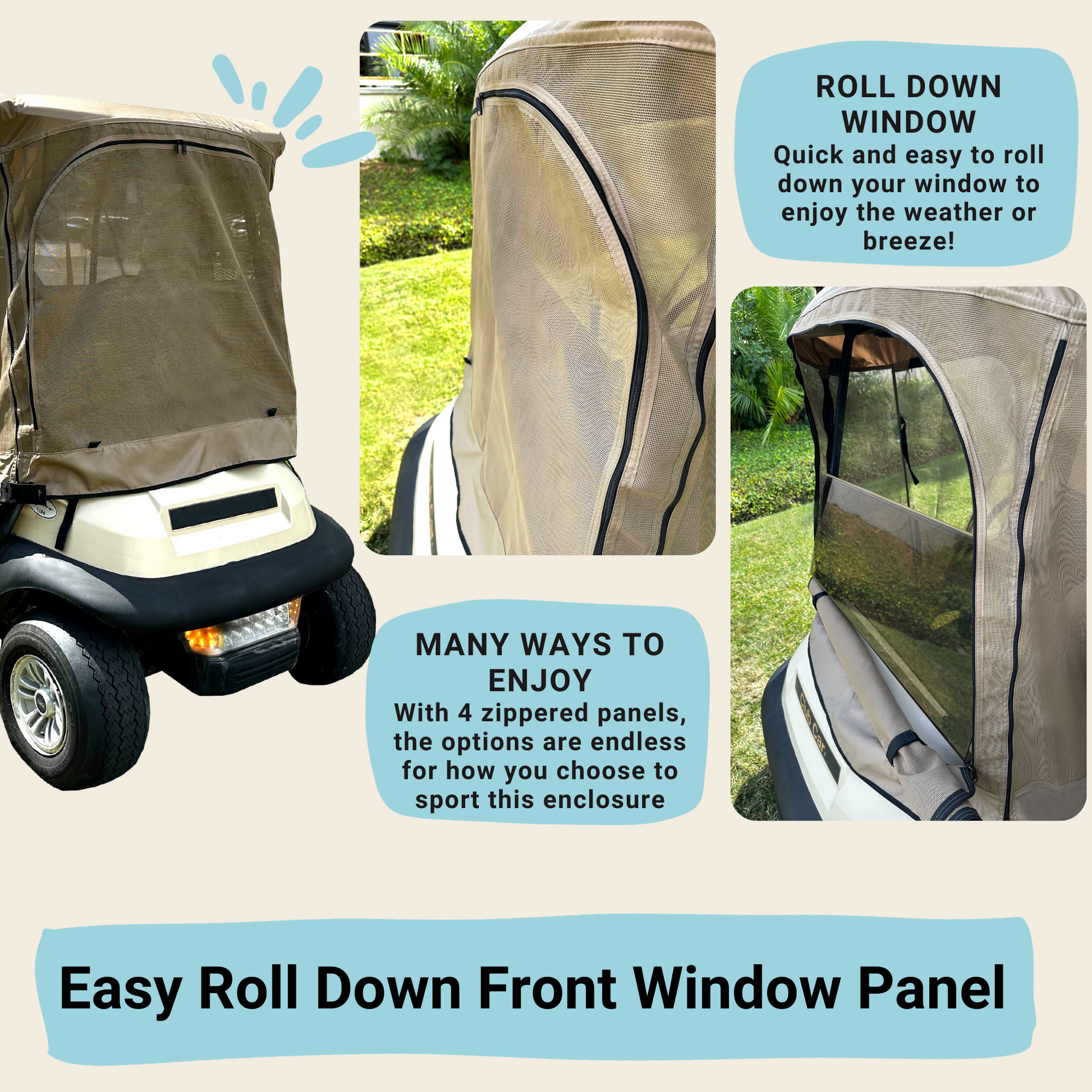 4 Passenger Golf Cart Driving Enclosure Cover (2 Passenger Short Roof 58") Textiline Mesh Taupe