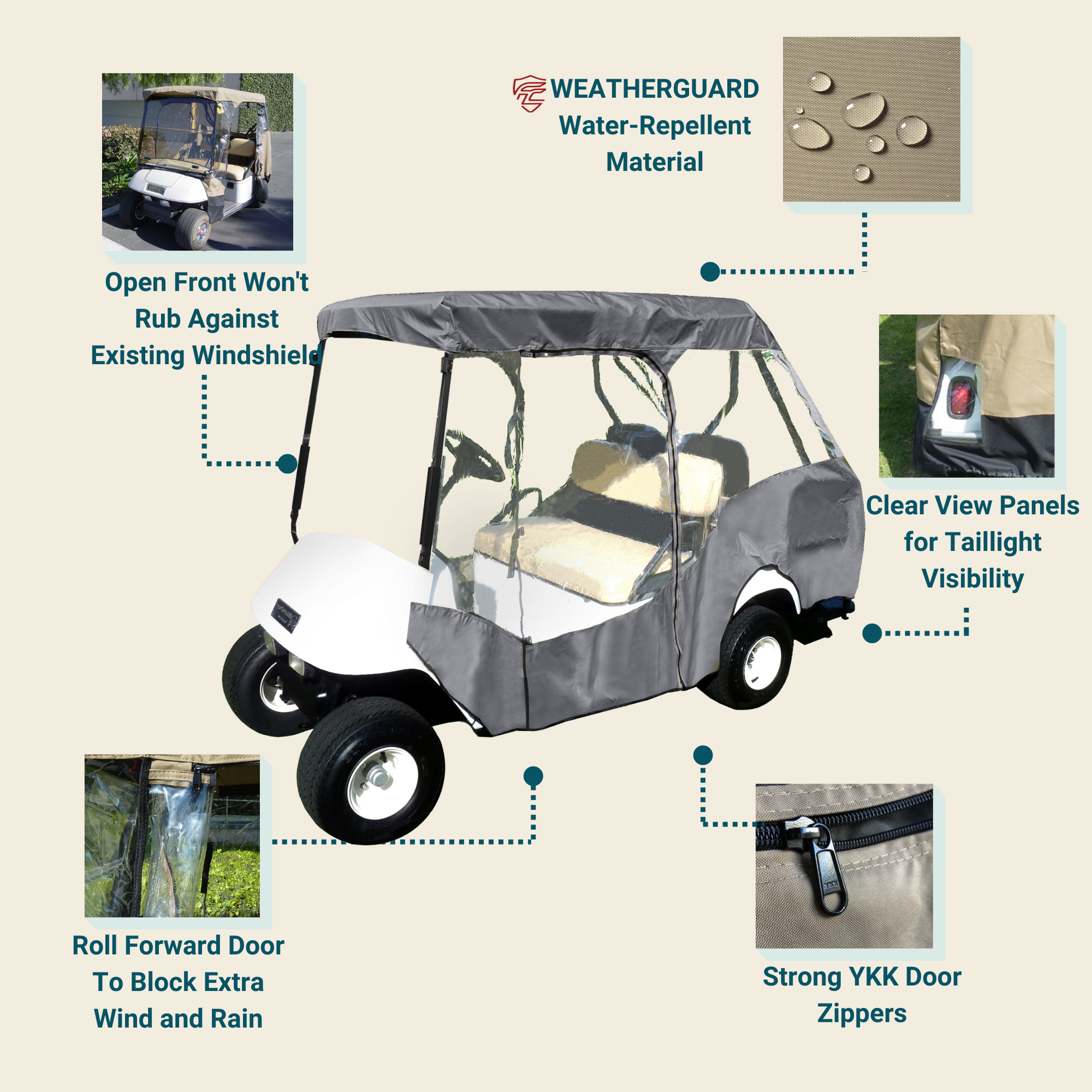 4 Passenger Short Roof 58"L 3 Sides Golf Cart Driving Enclosure Cover Open Front Grey