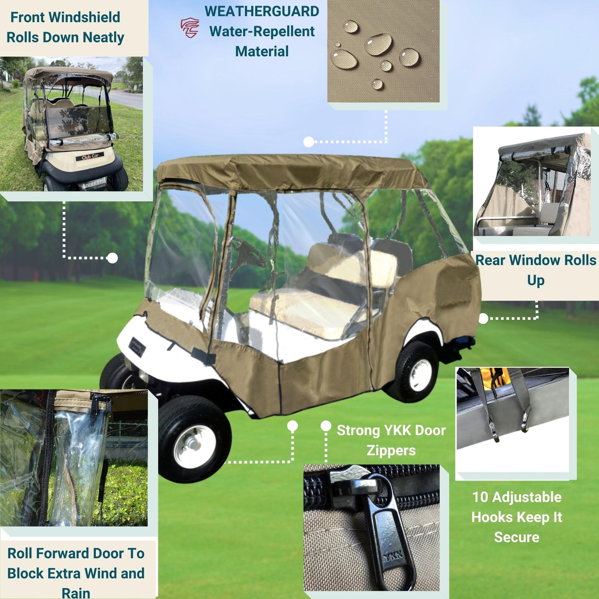 4 Passenger Golf Cart Driving Enclosure Cover (2 Passenger Short Roof 58") Taupe