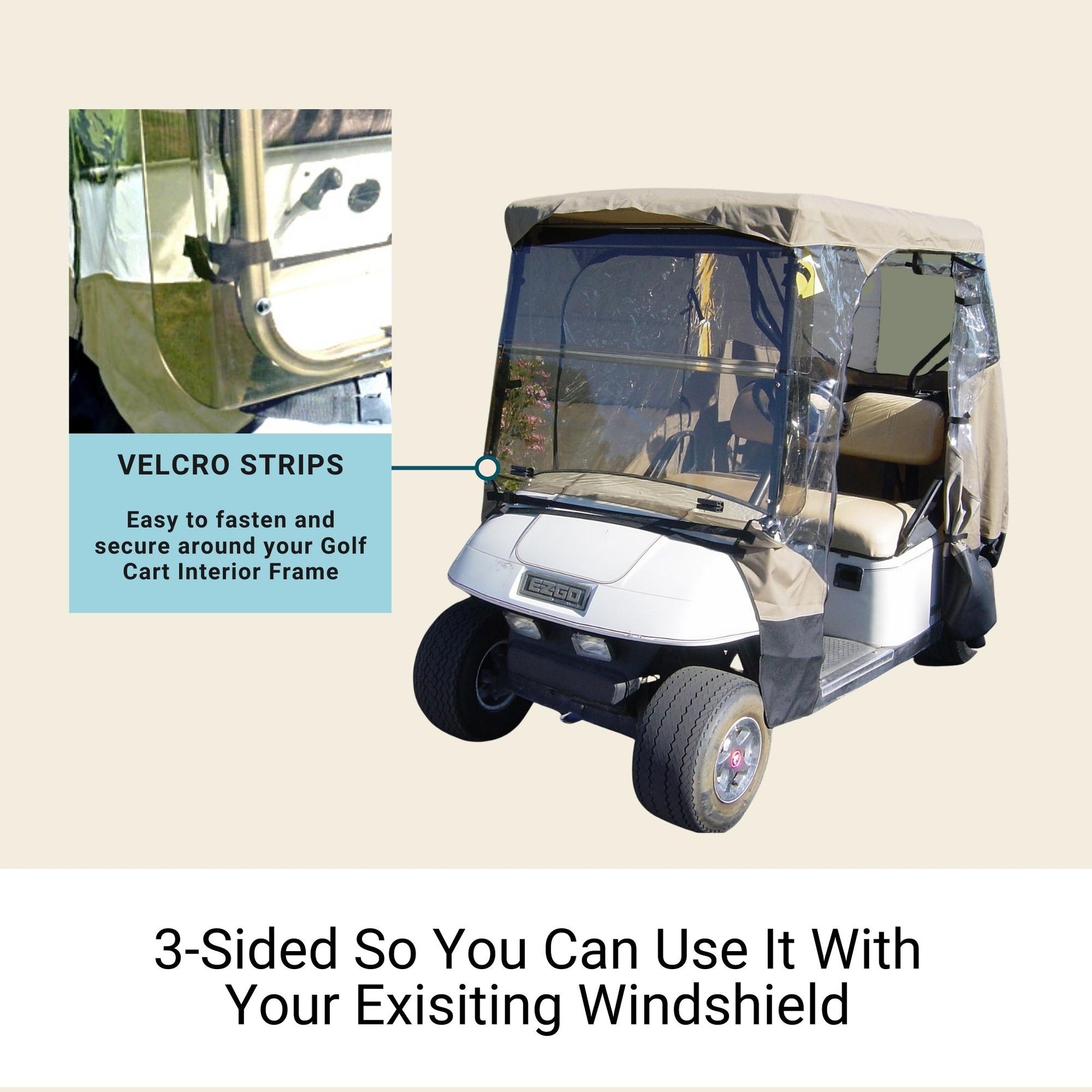 Golf Cart 3 Sided Enclosure Cover for EZGO, ClubCar, Yamaha G (Short Roof, 58"L ) - 2 Passenger