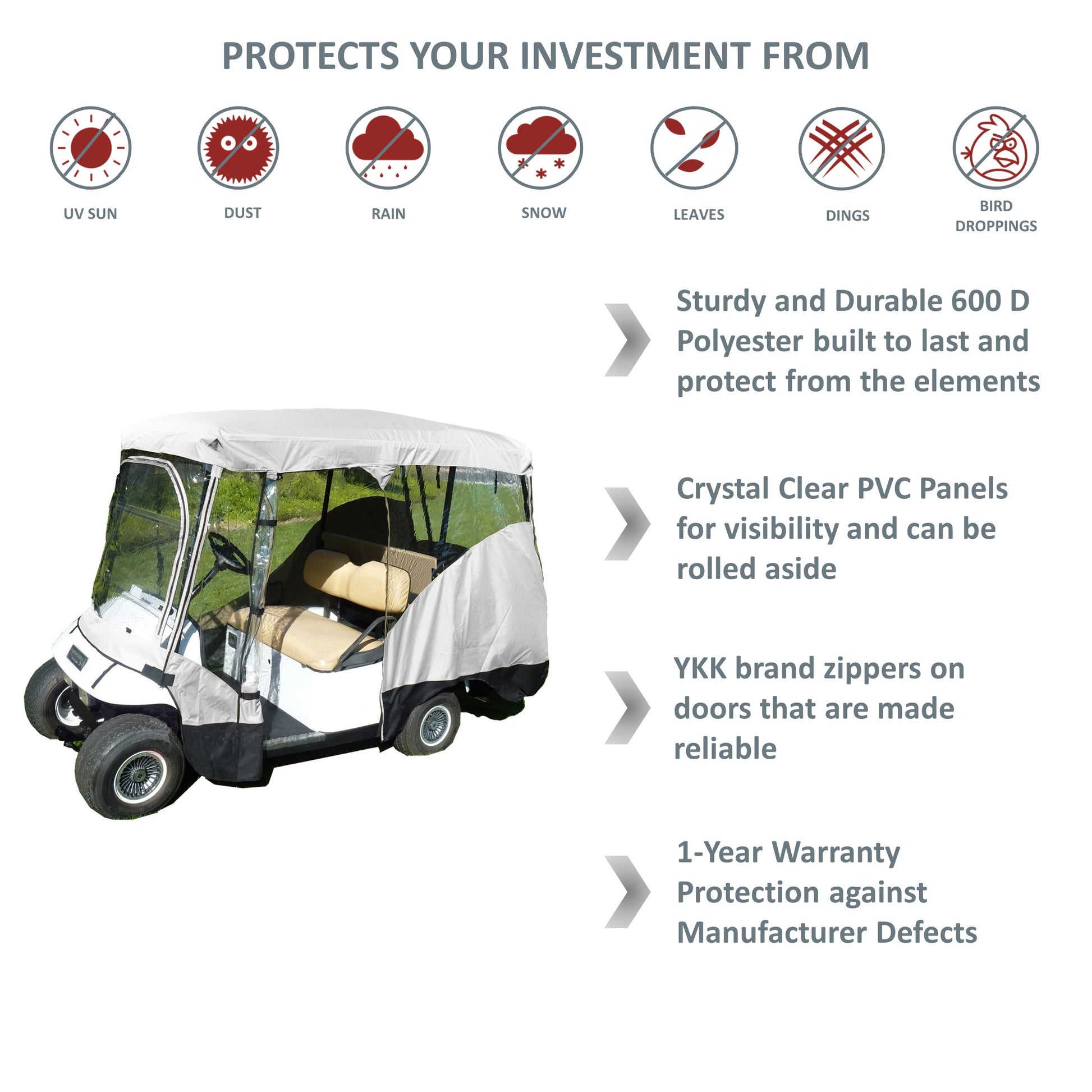 Golf Cart Driving Enclosure Cover for EZGO, Club Car, Yamaha G (Long Roof, 80"L) - 4 Passenger