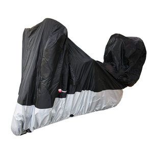 Deluxe all season Motorcycle cover (L-XL). Fits sport bike with hidden pouch for back rack trunk