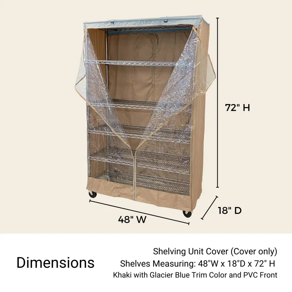 Storage Shelving Unit Cover, fits racks 48"W x 18"D x 72"H one side see through panel in Khaki and Blue Trim