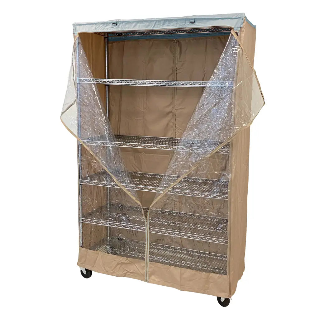 Storage Shelving Unit Cover, fits racks 48"W x 18"D x 72"H one side see through panel in Khaki and Blue Trim