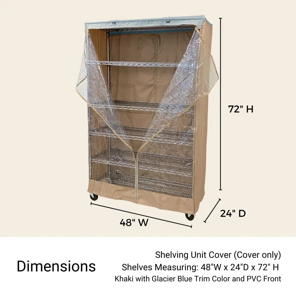 Storage Shelving Unit Cover, fits racks 48"W x 24"D x 72"H one side see through panel in Khaki and Blue Trim