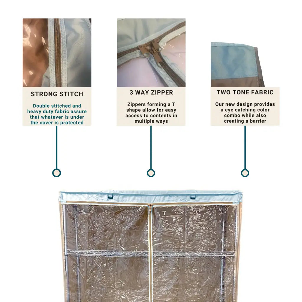 Cubierta para estantería de almacenamiento, compatible con racks de 60" de ancho x 24" de profundidad x 72" de alto, panel transparente de un lado en color caqui y ribete azul.