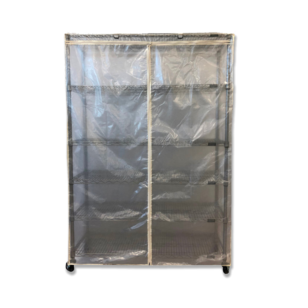A clear mesh PVC cover slipped over a wire rack shelving unit with four corner zippers and a front panel with two top Velcro tags.

